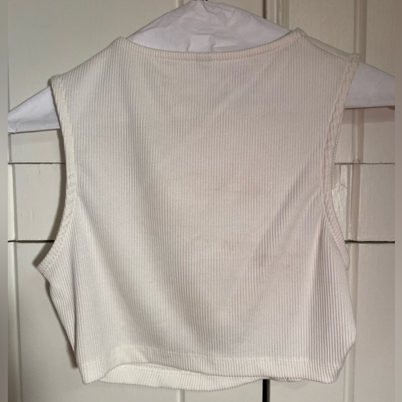 Ivory Rib Asymmetric Cut Out Racer Crop Top With Rhinestone Burtons. Size 4. - Picture 4 of 4